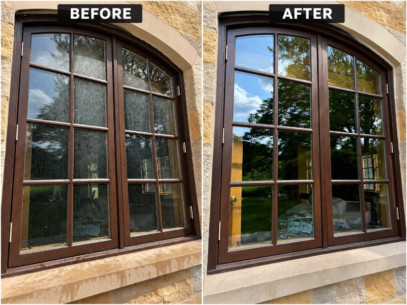 Window cleaning before and after — deionized water removes salt film and mineral deposits San Clemente