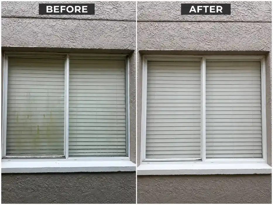 Before and after window cleaning — hard water stain and algae removed, San Clemente CA